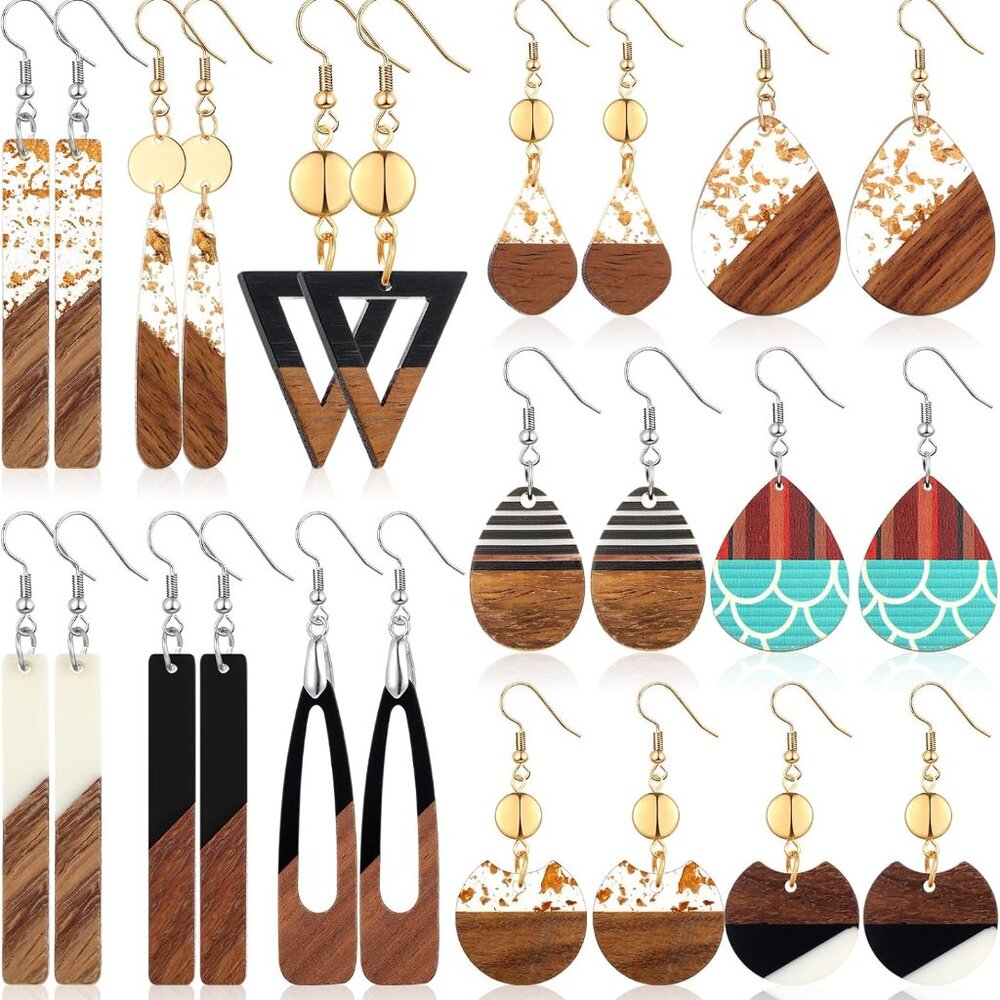 12 Pairs Wooden Earrings For Women Boho Dangle Geometric Lightweight Studs Resin